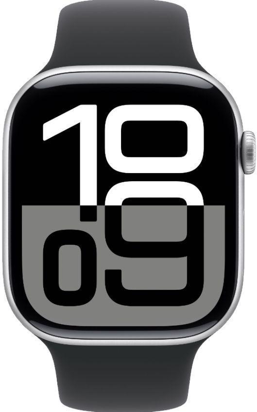 Apple  Watch Series 10 - 64GB - GPS - 46mm - Silver - Aluminum - Black - Sport Band - S/M Size - Rubber - Premium